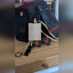Gucci Black Bag with Red and Green Stripes Lanyard And Pouch Bundle